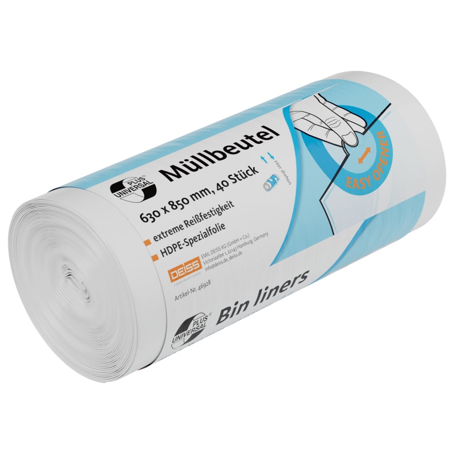 DEISS UNIVERSAL PLUS Müllbeutel 80 Liter, HDPE, weiß - 1 Karton = 9 Rollen = 360 Beutel